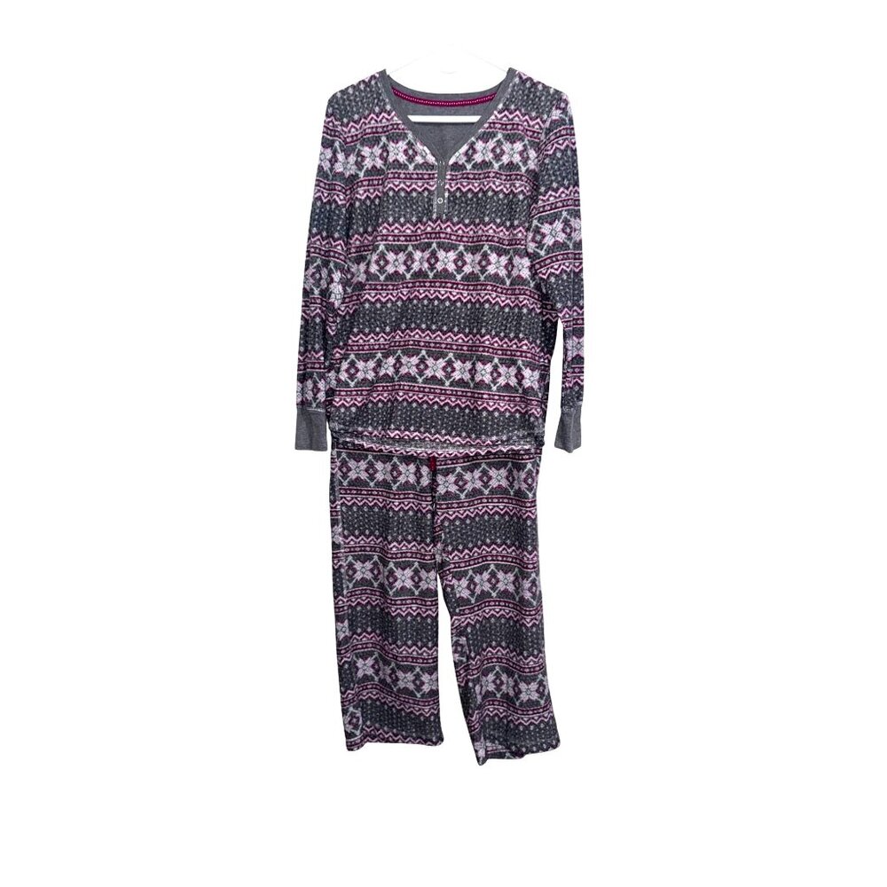 Nautica Womens L/G 2-Piece Fair Isle Pajama Set Gray/Pink Fleece With Henley Top